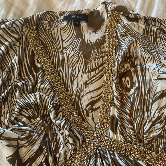 SKY TOP Y2K 100% silk blouse short sleeve feather print cream taupe tan sz S - Picture 3 of 10